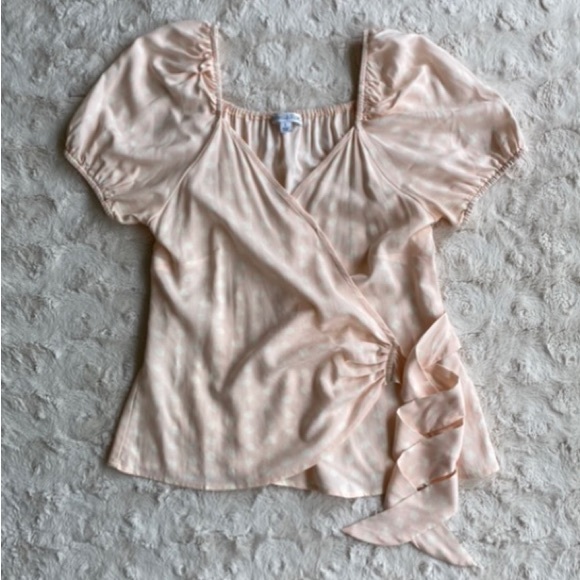 Pink Polka Dot Puff Sleeve Wrap Top - Picture 1 of 8